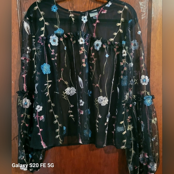 a new day Tops - Sheer Black Blouse with Floral Embroidery from A New Day